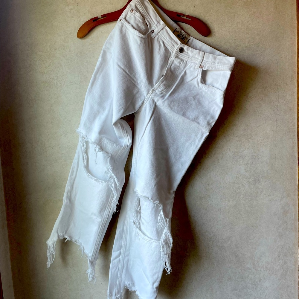 Free People white distressed jeans with holes